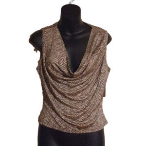 𝅺NWT Anne Klein 💯 percent silk cowl neck chocolate brown print top.Size 8.